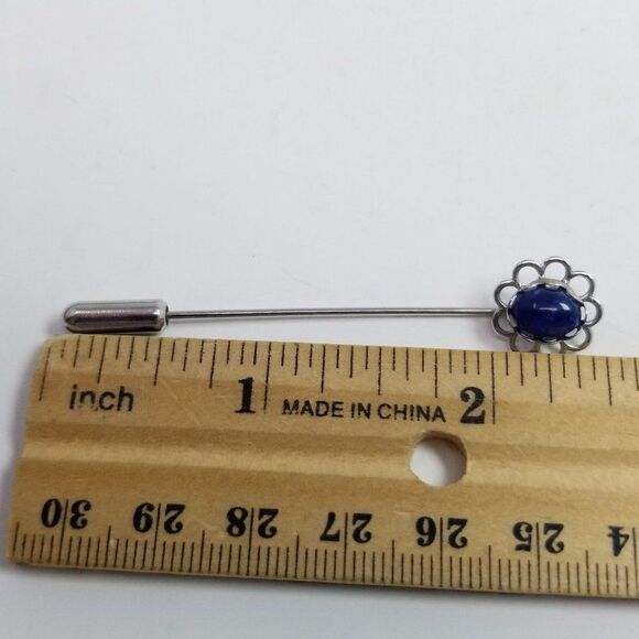 Vintage Little Blue Cabochon Flower Stick Pin, Silver Tone Setting Brooch - Picture 3 of 5